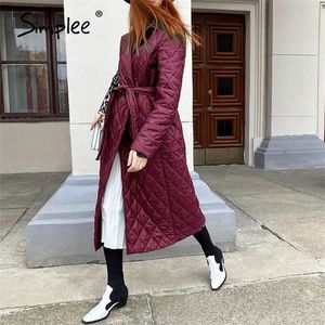 Simplee coton rembourré long manteau d'hiver femme décontracté ceinture de poche femmes parkas haute rue col tailleur élégant pardessus 201225