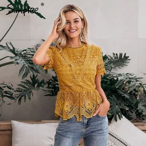 Simplee Elegante Bordado de Encaje Blusa de Mujer Camisa de Manga Corta Ahueca Hacia Fuera Mujer Peplum Top Camisa de Verano Señoras Blusa Blanca Y19070101