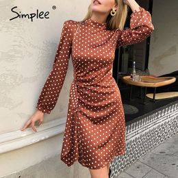 Simplee élégant col rond à pois robe Sexy lanterne solide robe lâche vacances automne femmes chic longue fête robe midi 201204