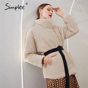 Manteau d'hiver court et chaud élégant pour femmes, design de mode avec poche, parka, col montant, ceinture décontractée, pardessus 201126