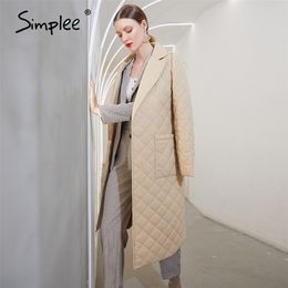 Simplee Moda Mujer Invierno Chaqueta a prueba de viento Fajas casuales Mujeres Parka de invierno Abrigo largo recto con patrón de rombo 2020 LJ201017