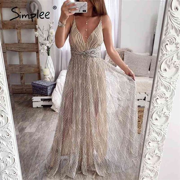 Simplee Mesh Rose Dentelle Femmes Robe Élégante Col V Soirée Maxi Robe De Noël Automne Hiver Sexy Longue Robe De Soirée Robe Festa 210331