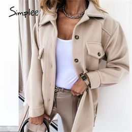 Simplee office revers jas vrouwen herfst winter casual lange mouw vrouwelijke top jas zwart wit mode zakelijke shirt jassen 210928