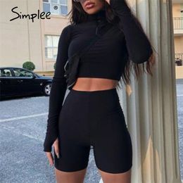 Simplee Sexy silm zipper revers femmes ensemble court Casual manches longues solide style sport costume printemps automne mode sportswear 2020 T200702