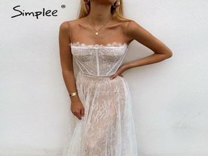 Simplee Sexy White Lace Summer Femmes Maxi Robes Spaghetti Spaghetti Back sans taille plus robe Femme Femme Long Robe Vestidos 214914789