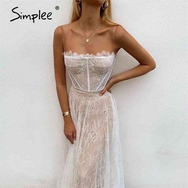 Sexy dentelle blanche été femmes maxi robes plage spaghetti sangle dos nu grande taille robe maille femme longue robe vestidos 210322