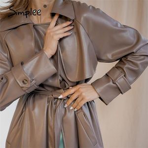 Streetwear PU Cuir Trench Coats Femmes Brown Automne Hiver Ceintures Long Manteau Cranté Bureau Dames Poche Outwear LJ201127