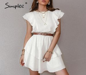 Simplee Vestidos elegantes de algodón blanco para mujer Moda Sólido con volantes Longitud media Vestidos de cintura alta Sin mangas Vestido de mujer de verano 2021 25545979