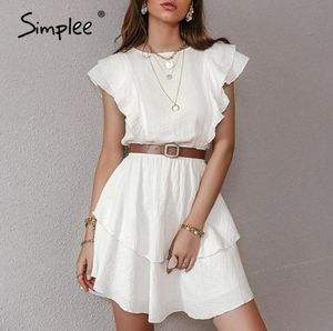 Simplee Vestidos elegantes de algodón blanco para mujer Moda Sólido con volantes Longitud media Vestidos de cintura alta Sin mangas Vestido de mujer de verano 2021 26750364