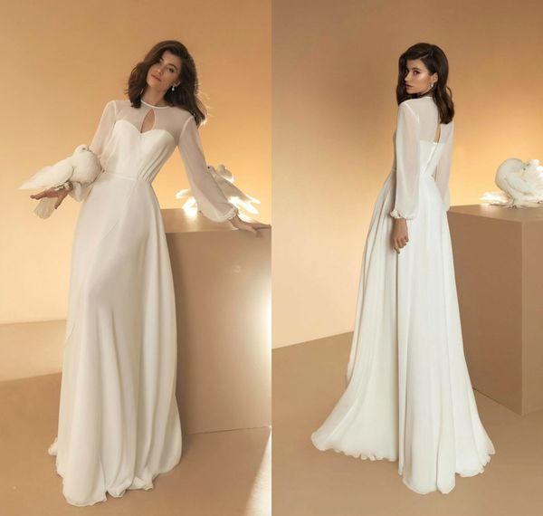 Simplement plage une ligne robes de mariée 2020 bijou cou à manches longues robes de mariée romantiques à manches longues bohème mariage robe de Noiva
