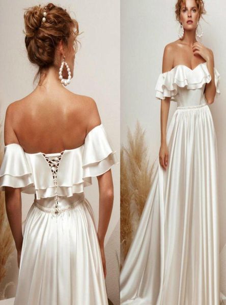 Robes de mariée en Satin de Style simple, à volants, épaules dénudées, à lacets dans le dos, avec traîne de balayage, ligne A, 7999783