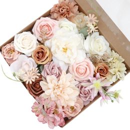 Fleurs simulées Rose fausses fleurs en soie avec boîte-cadeau mariage fête d'anniversaire mariage demoiselle d'honneur tenant des fleurs