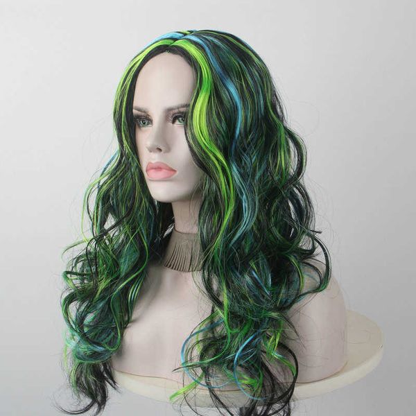 Perruque bouclée simulée vague progressive verte fendue longue bouclée femme haute température soie longue frange cheveux bouclés