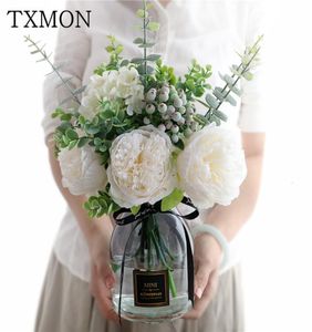 Simulation Peony Rose Bouquet Mariage Decorative Fake Flower Set avec vase Home salon Floor Vase Vase Flower Arrangement Sh11615166