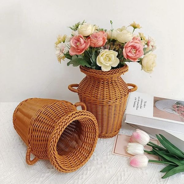 Simulation rotin tissé Vase à fleurs rétro décoration de table plantes Pot de fleur à la main en rotin panier de fleurs fournitures de jardinage 240103