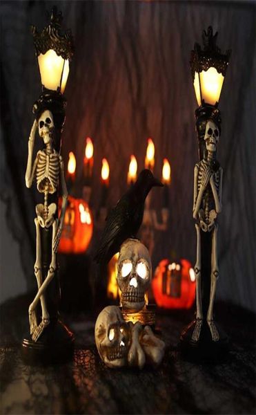 Simulación de resina, decoración de calavera, luz, accesorios de diseño para lugar de fiesta, lámpara de calle de Halloween, lámpara decorativa de esqueleto para decoración del hogar 2205914655