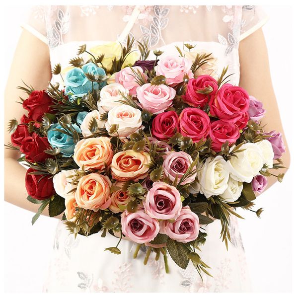 Bouquet de roses artificielles en soie, Simulation de mariée, Rose, rouge, bleu, violet, décoration de maison pour mariage, saint-valentin