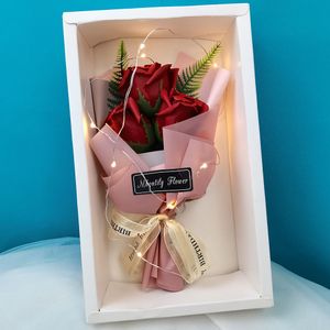 Simulatie Zeep Boeket Doos Roze Bloem met LED Licht Bruiloft Decoratie Souvenir Valentijnsdag Cadeau voor Vriendin