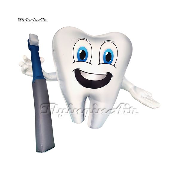 Modèle de dent de dessin animé gonflable blanc de simulation 2m / 3m Conseils de santé dentaire Figure Blow Up Tooth Man Balloon avec une brosse à dents pour la publicité