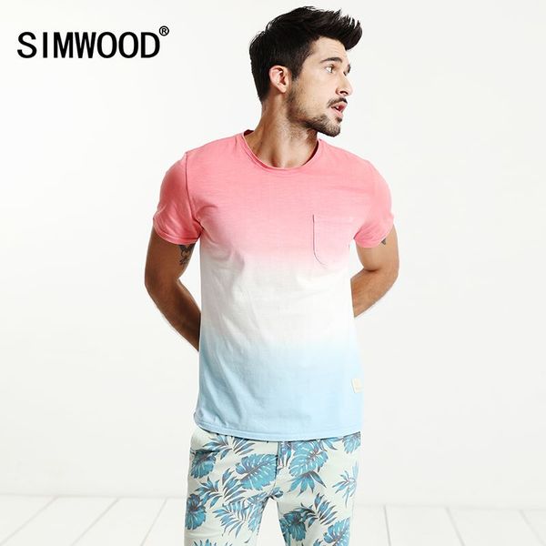 SIMWOOD Nueva camiseta de verano para hombre 100% algodón puro Natural de manga corta Slim Fit Dip Dye Fashion Tops TD017006 q170655