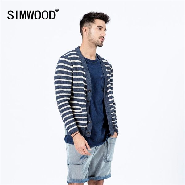 SIMWOOD Printemps Nouveau 100% Coton Cardigan rayé Hommes Retour Denim Patchwork Kint Vestes Plus Taille Indigo Kintwear SI980519 201106