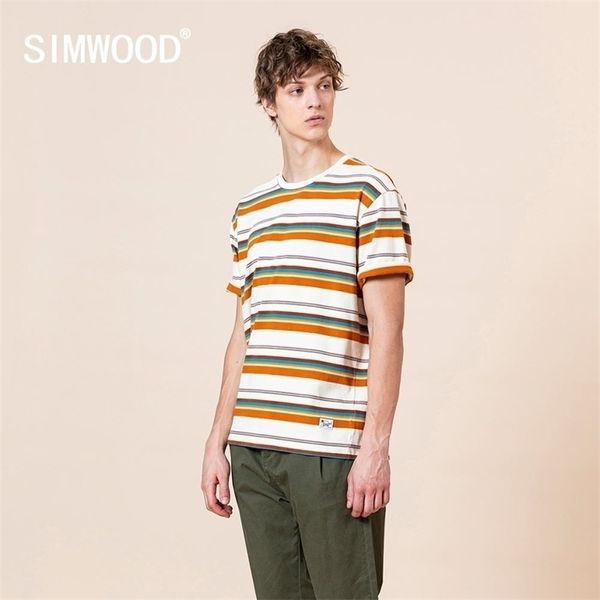 SIMWOOD été nouveau t-shirt rayé coloré hommes modèle ample 100% coton grande taille t-shirts de haute qualité marque vêtements SJ170299 210410