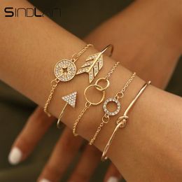 Sindlan 5 pièces Bracelets géométriques en cristal pour femmes Vintage or Bracelets ouverts ensemble flèche boussole Boho Bracelet poignet chaîne bijoux 241h