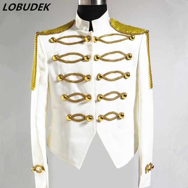 Blazers à épaulettes en or blanc pour hommes, veste de discothèque, Concert Vocal, chanteur masculin, chœur, hôte de scène, vêtements d'extérieur, uniforme militaire, Costume de spectacle