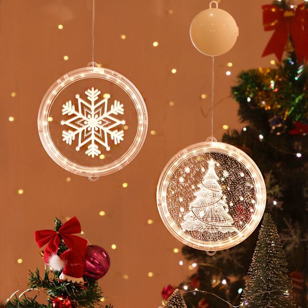 Único 3D Navidad colgante luz ventana redonda decorativa copo de nieve Santa estrella cadena decoración de Navidad diseño luces decoración del partido DBC BH4245