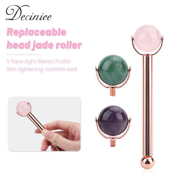 Boule unique Jade Roller Lifting du visage Massage des yeux Rose naturel Quartz Aventurine Améthyste avec 2 têtes de remplacement Gift220429