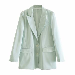 Blazer casual de un solo pecho para dama de oficina Bolsillos verdes sólidos prendas de vestir de moda tops mujeres Vintage chic mujer 210430