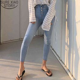 Jeans rasgados de verano de cintura alta de mezclilla azul claro de fashon coreano de un solo pecho para mujeres casual 10392 210417
