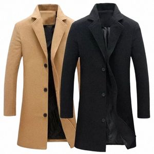 Simple boutonnage revers Lg manteau veste Fi automne hiver pardessus décontracté grande taille Trench manteaux de laine pour hommes couleur unie Y9Pt #
