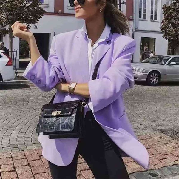 Chaqueta blazer morada de un solo pecho para mujer, ropa de calle extragrande con bolsillos para otoño e invierno, top con botones de manga larga 210427