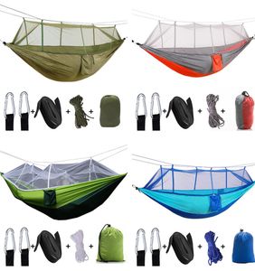 Enkele dubbele camping hangmat met mug -netto lichtgewicht draagbare parachute nylon boombanden en karabijnhaken voor wandelen T5729369