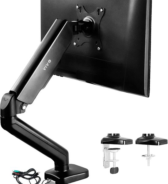 Support de bureau pneumatique à contrepoids réglable en hauteur pour écran unique avec ports USB et audio, universel pour écrans jusqu'à 27 pouces (Stand-V001Ou)