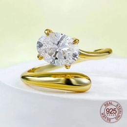 Enkele een stenen sieraden 6x8 mm Clear High Carbon Diamond Gold vergulde 925 Sterling zilver verstelbare open ring 240528