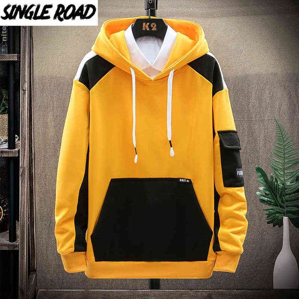 Single Road Mens Sweats à capuche Hommes Printemps Patchwork Sweat-shirt Japonais Streetwear Harajuku Hip Hop Surdimensionné Jaune Sweat à capuche Hommes 211106