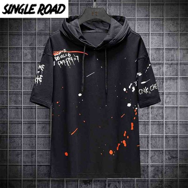 Single Road Mens Sweats à capuche Hommes Été Noir Graffiti Manches courtes Sweat-shirt Hip Hop Harajuku Japonais Streetwear Sweat à capuche Hommes 210728