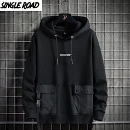 Single Road Mens Hoodies Zakken Leerkleding Harajuku Sweatshirt Hip Hop Japanse Streetwear Casual Oversized Hoodie 220402