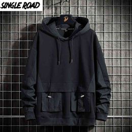 Single Road Hommes Hoodies Printemps Techwear Hip Hop Sweat Japonais Streetwear Surdimensionné Noir À Capuche Plus La Taille 210827