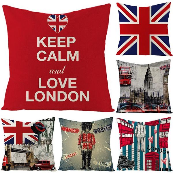 Simple Side Print British Wind Taie d'oreiller Accueil Canapé-lit Décor Housse de coussin Drapeau britannique Carré Coton Lin Bureau Taie d'oreiller XD23440