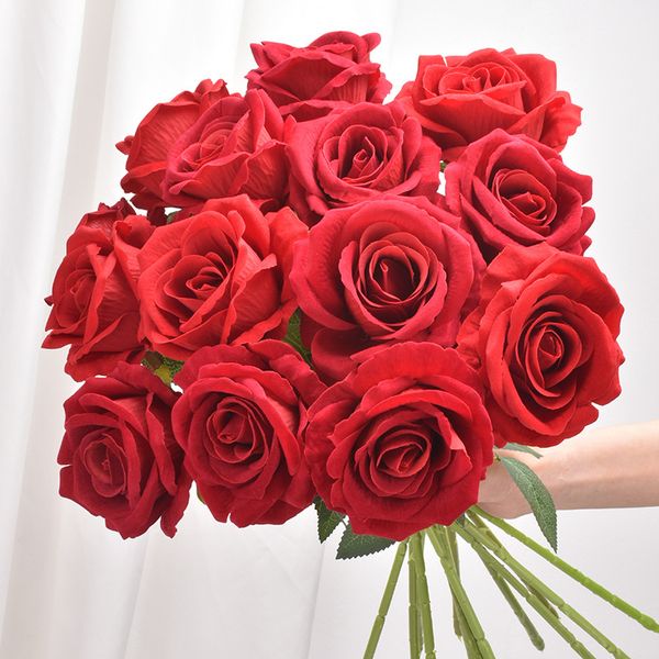 Unique Tige Flanelle Rose Réaliste Roses Artificielles Fleurs Décoratives pour La Saint Valentin Mariage Douche Nuptiale Maison Jardin T9I001746