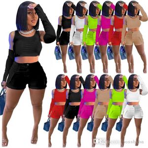 Femmes célibataires Reacksuits Pure Color Sleeve Salopette Poche tridimensionnelle Sports Casual Costumes trois pièces 6 couleurs