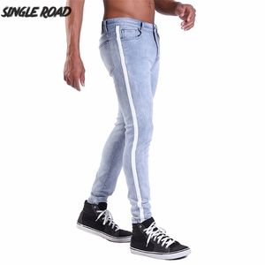 Singleroad Super Skinny Jeans Men Men Biker Blue Stretch Denim broek Mannelijke slanke fit heren jeans met zijstrepen merk man 201111