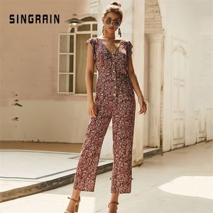 Singrain Chiffon Floral Jumpsuits Women Long Pants V Neck Wide Leg broek Rompers losse vakantie Boheemse zomerprint overalls T200107