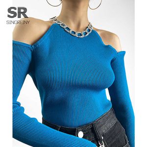 Singreiny 2021 Herfst Gebreide Sweater Dames Lange Mouwen Basic Brei Tops Off The Shoulder Sexy Pullovers Chain Diamond Sweaters Y0825