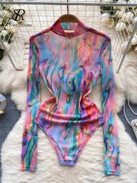 Singreiny American Retro Tie Dye Print PlaysCescyts Collier Long Manches longues Slim Artistique Top Open Mesh Bodys Suisses Sexe 240408