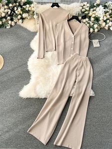 SINGREINY automne costumes tricotés 2023 mode solide à manches longues haut simple boutonnage gilet pantalon à jambes larges femmes pull décontracté ensembles 231225