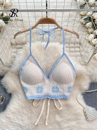 SINGREINY Bohème Rétro Vacances Sexy Hauts Mode Crochet Fleur Poitrine Rembourré Mini Camis Halter Dos Nu Style Plage Réservoir Court 240313